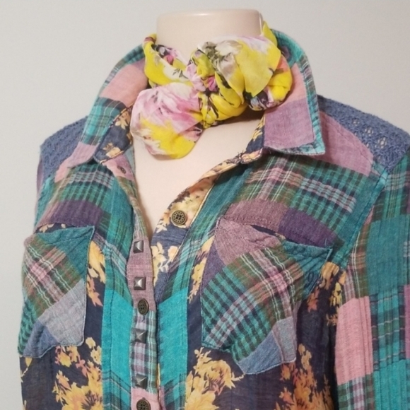 Miss Me button Down mixed media top - Picture 2 of 6